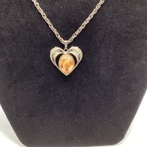 Silver Heart Necklace with Amber-Colored Cabochon
